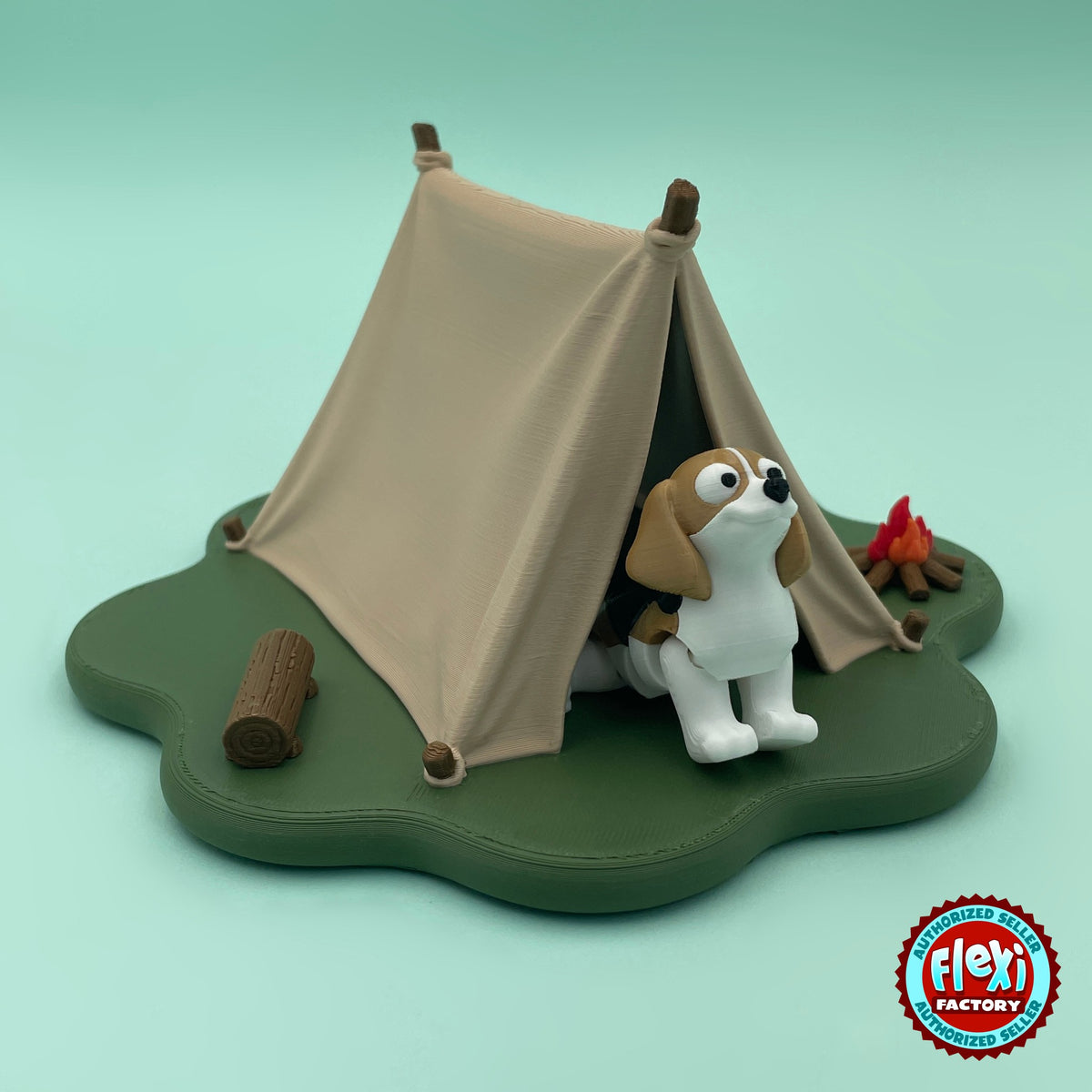 Cute beagle keychain, 3D printed by RU3D – sitting by tent and campfire. White, brown and black beagle with camping tent playset.