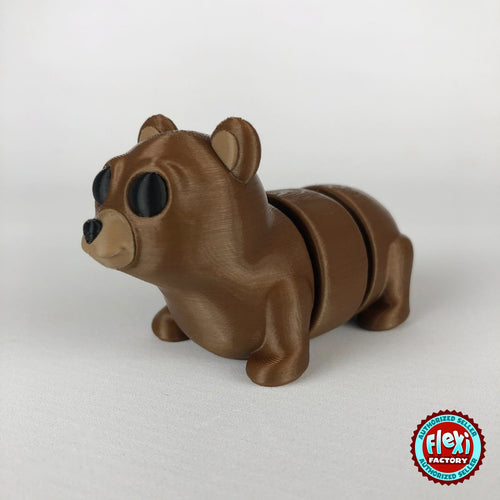 Cute bear keychain, 3D printed by RU3D – dark eyes three quarter view facing left. Brown.