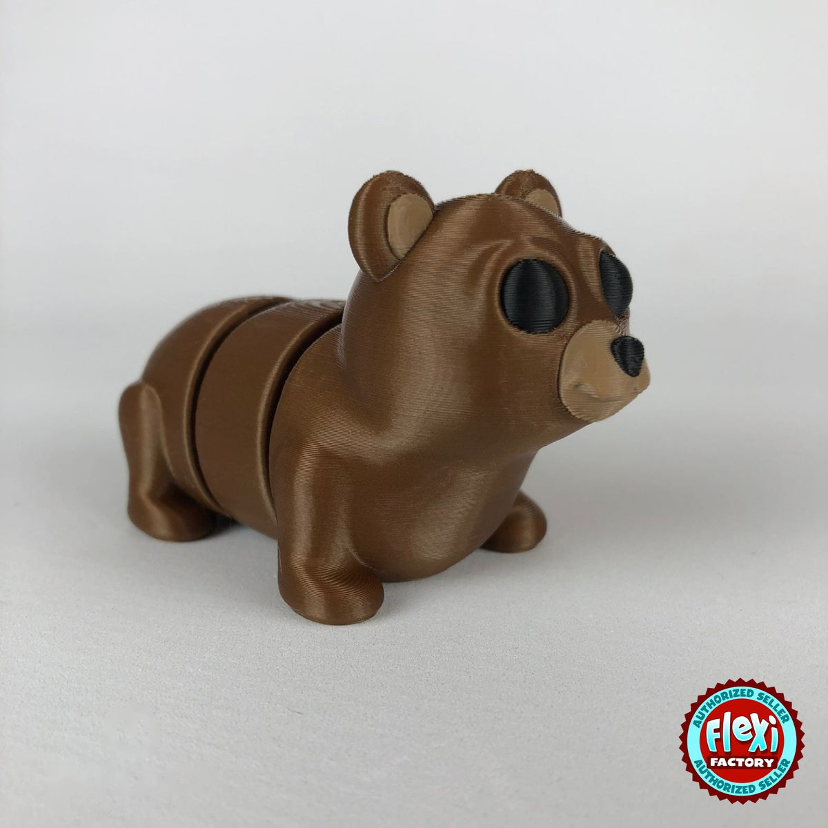 Cute bear keychain, 3D printed by RU3D – dark eyes three quarter view facing right. Brown.