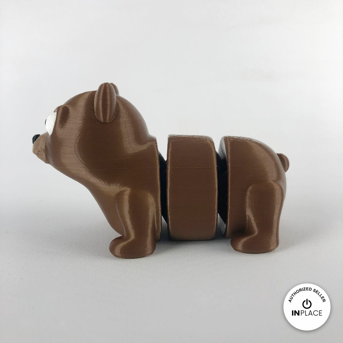 Cute bear keychain, 3D printed by RU3D – side view facing left. Brown.