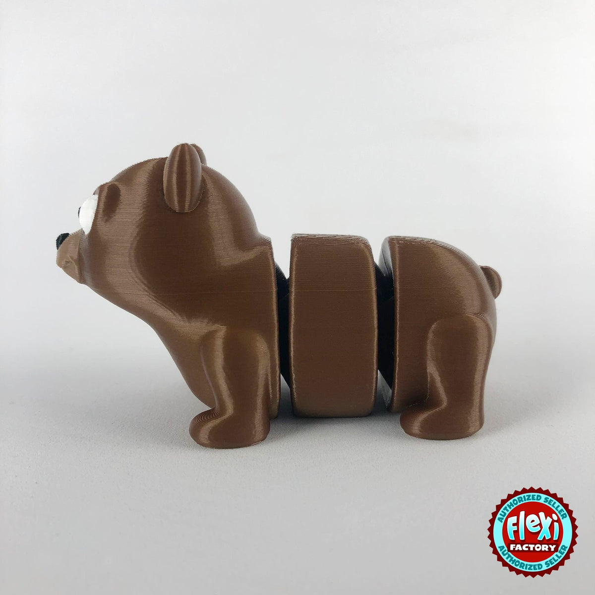 Cute bear keychain, 3D printed by RU3D – side view facing left. Brown.
