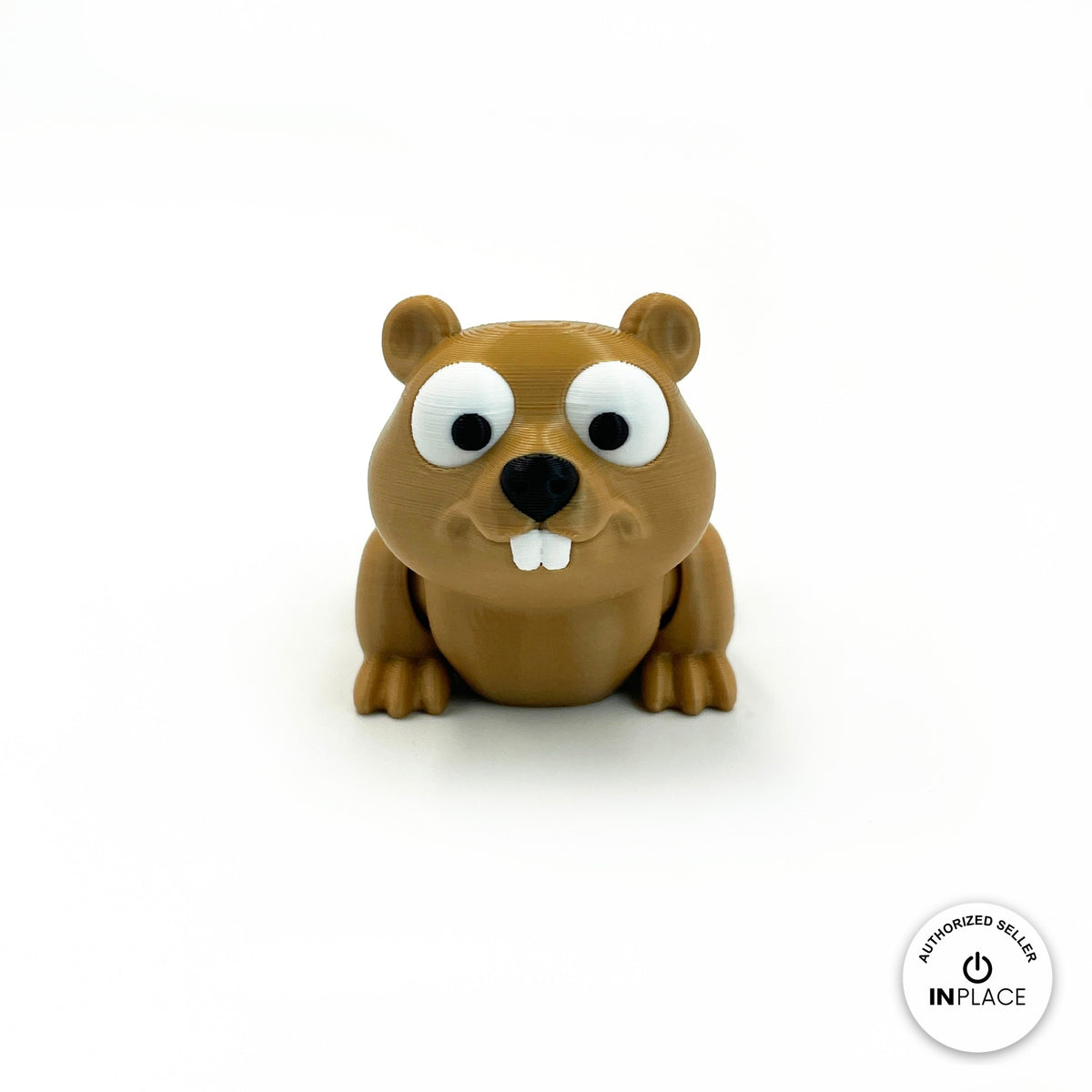 Cute beaver keychain, 3D printed by RU3D – front view. Tan brown with log cabin playset.