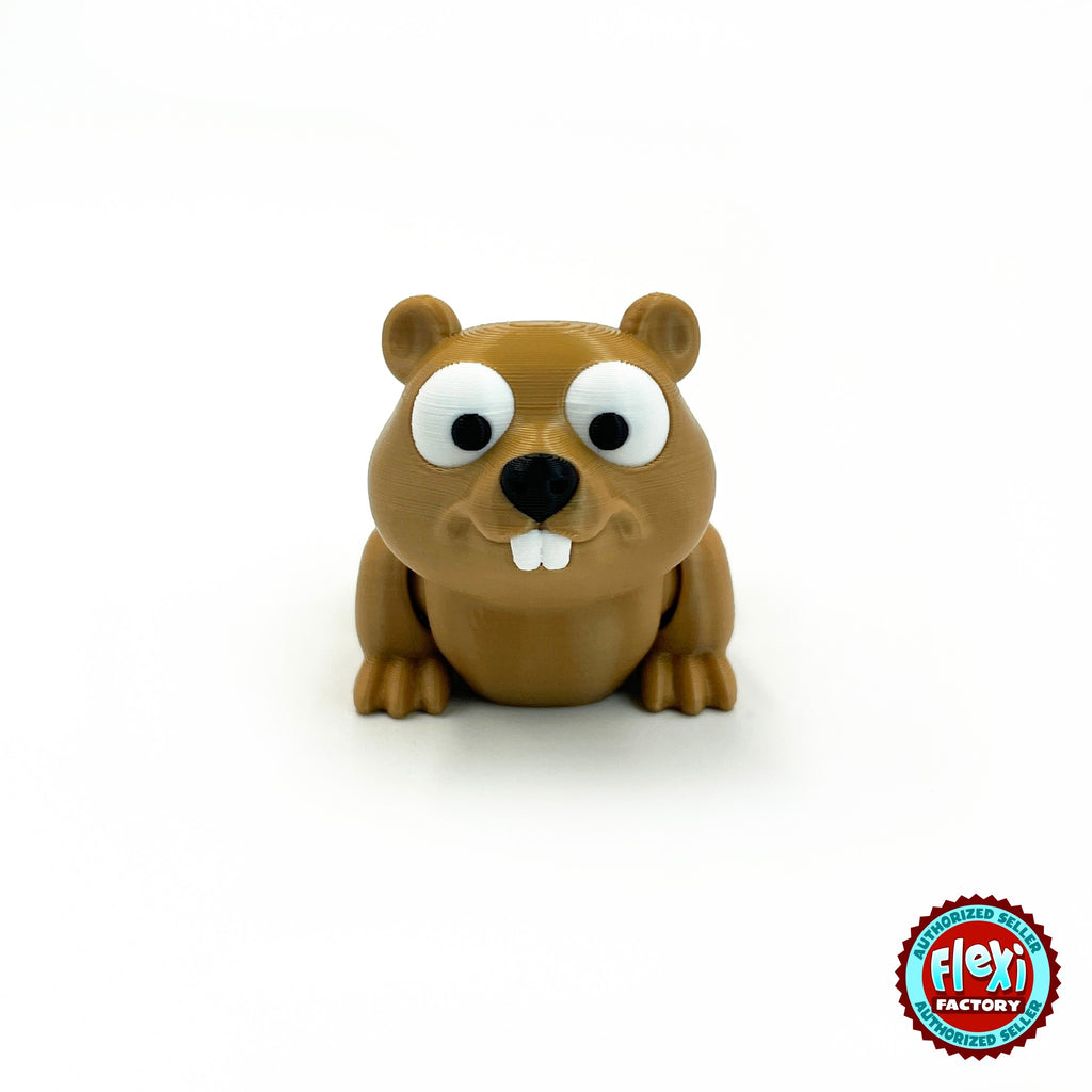 Cute beaver keychain, 3D printed by RU3D – front view. Tan brown with log cabin playset.