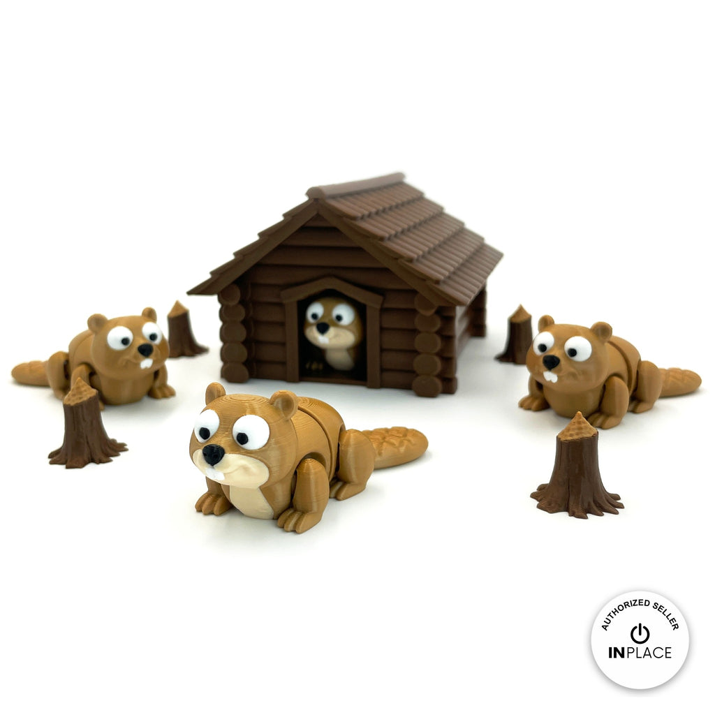 3D printed log cabin platform by RU3D, shown with the Beaver keychain