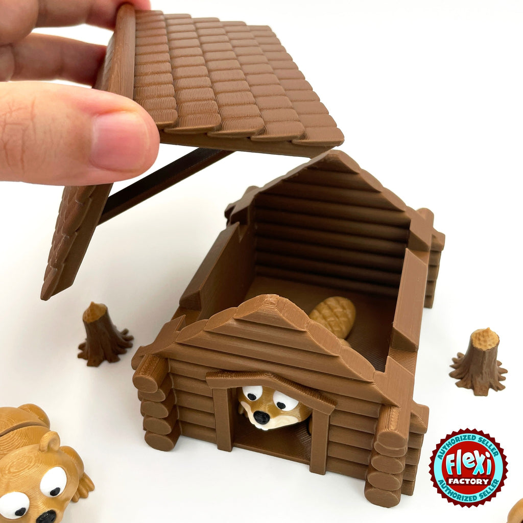 Cute beaver keychain, 3D printed by RU3D – log cabin roof open. Tan brown with log cabin playset.