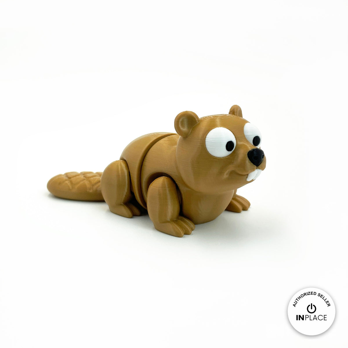 Cute beaver keychain, 3D printed by RU3D – side view facing right. Tan brown with log cabin playset.