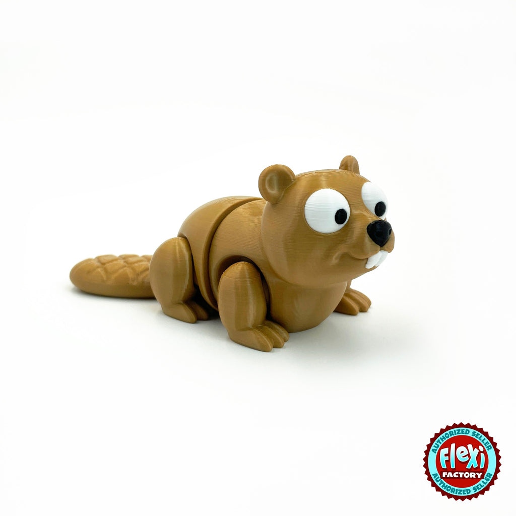 Cute beaver keychain, 3D printed by RU3D – side view facing right. Tan brown with log cabin playset.