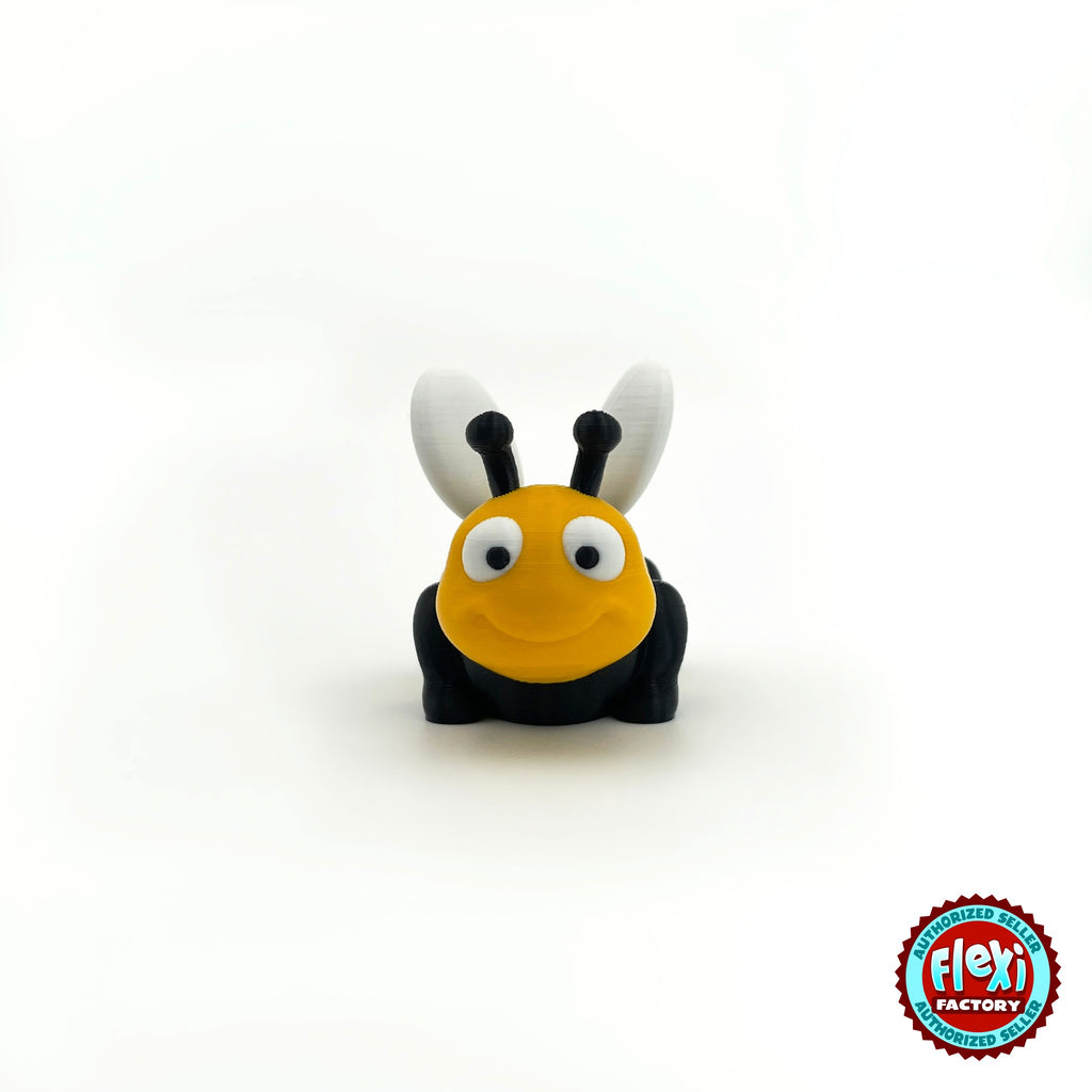 Cute bee keychain, 3D printed by RU3D – front view. Yellow and black with white wings.