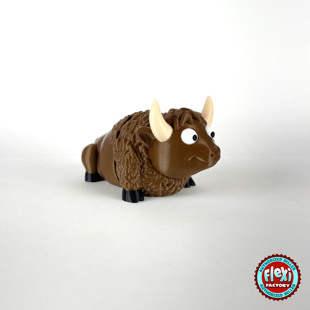 Cute bison keychain, 3D printed by RU3D – front view. Brown with cream horns and black hooves.