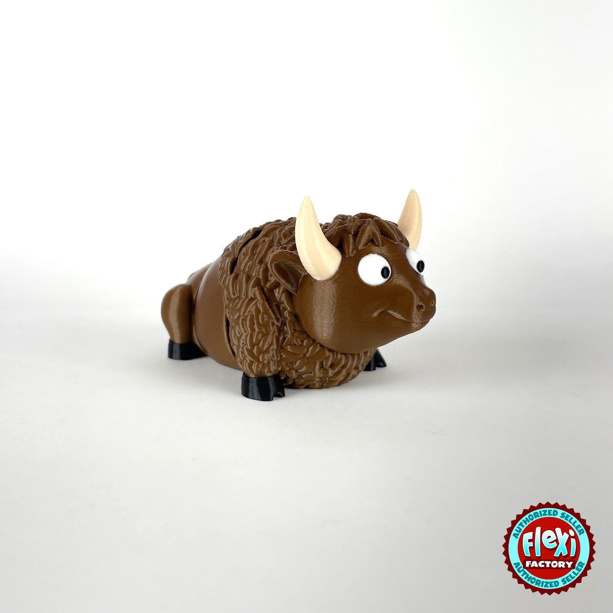 Cute bison keychain, 3D printed by RU3D – front view. Brown with cream horns and black hooves.