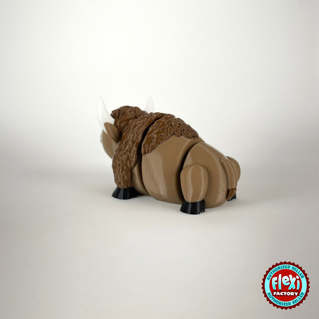 Cute bison keychain, 3D printed by RU3D – rear three quarter view. Brown with cream horns and black hooves.