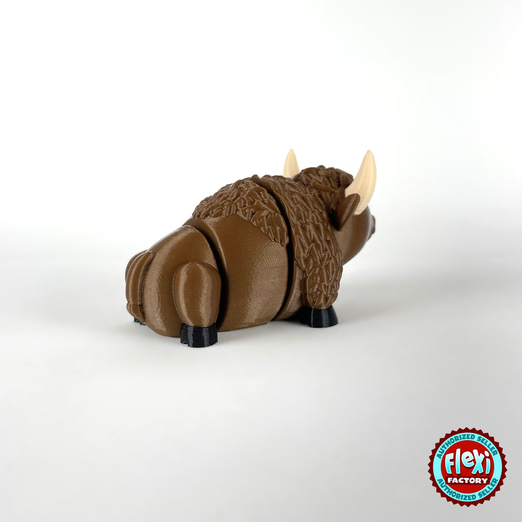 Cute bison keychain, 3D printed by RU3D – rear view. Brown with cream horns and black hooves.