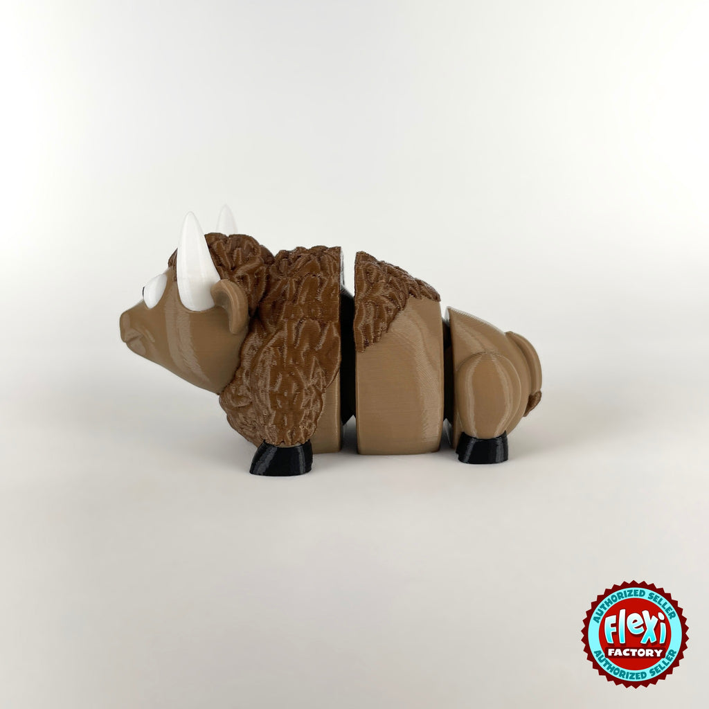 Cute bison keychain, 3D printed by RU3D – side view facing left. Brown with cream horns and black hooves.