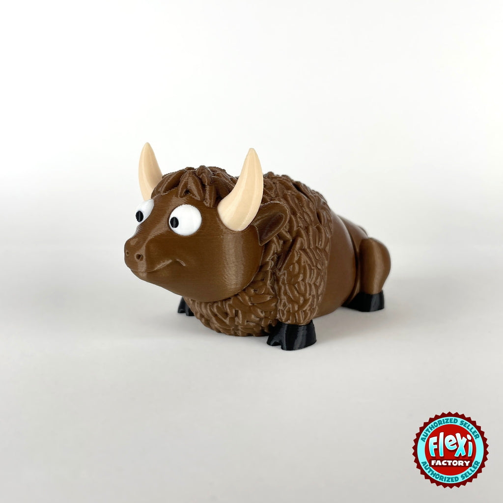 Cute bison keychain, 3D printed by RU3D – three quarter view facing left. Brown with cream horns and black hooves.