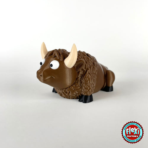 Cute bison keychain, 3D printed by RU3D – three quarter view facing left. Brown with cream horns and black hooves.