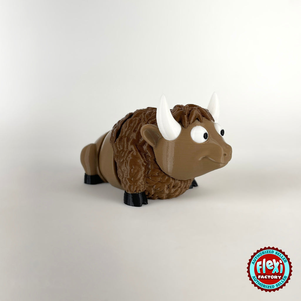 Cute bison keychain, 3D printed by RU3D – three quarter view facing right. Brown with cream horns and black hooves.