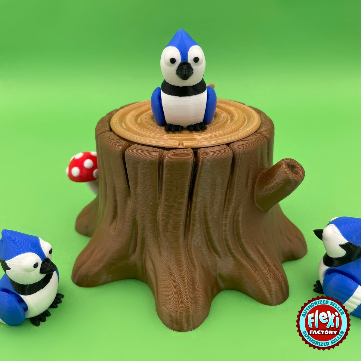 Cute blue jay keychain, 3D printed by RU3D – on tree stump box front view. Blue, white and black bird with tree stump box.