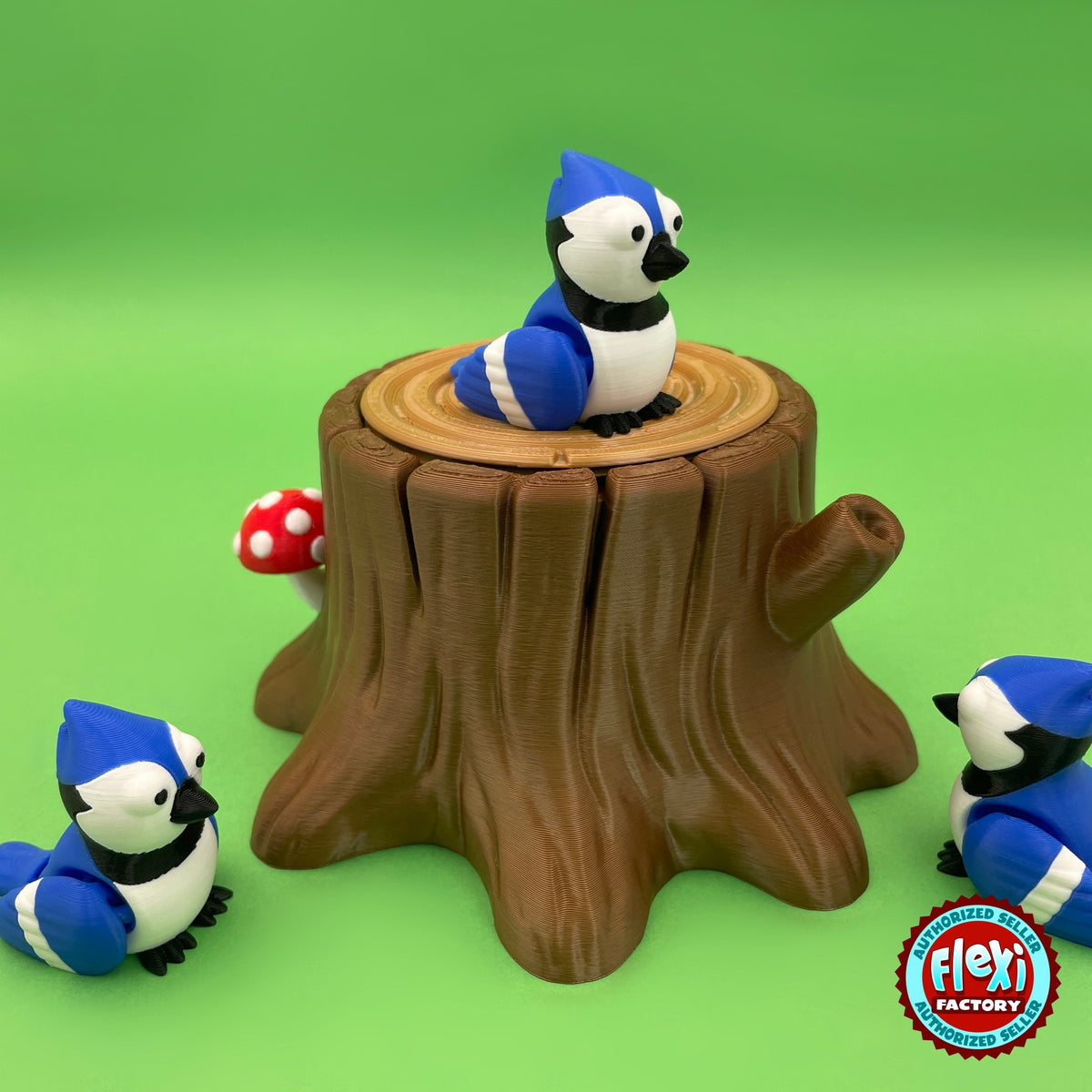 Cute blue jay keychain, 3D printed by RU3D – on tree stump box side view. Blue, white and black bird with tree stump box.