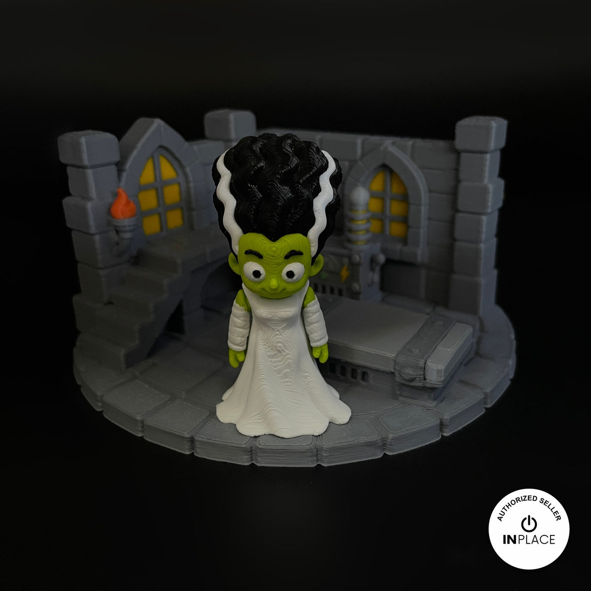3D printed laboratory generator platform by RU3D, shown with the Bride of Frankenstein keychain