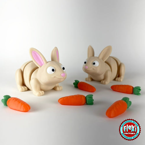 Cute bunny rabbit keychain, 3D printed by RU3D – pair of bunnies with carrots. Cream with pink ears and orange carrots.