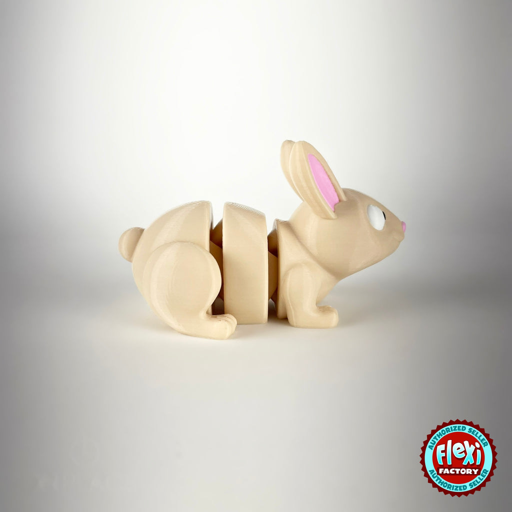 Cute bunny rabbit keychain, 3D printed by RU3D – side view facing right. Cream with pink ears and orange carrots.