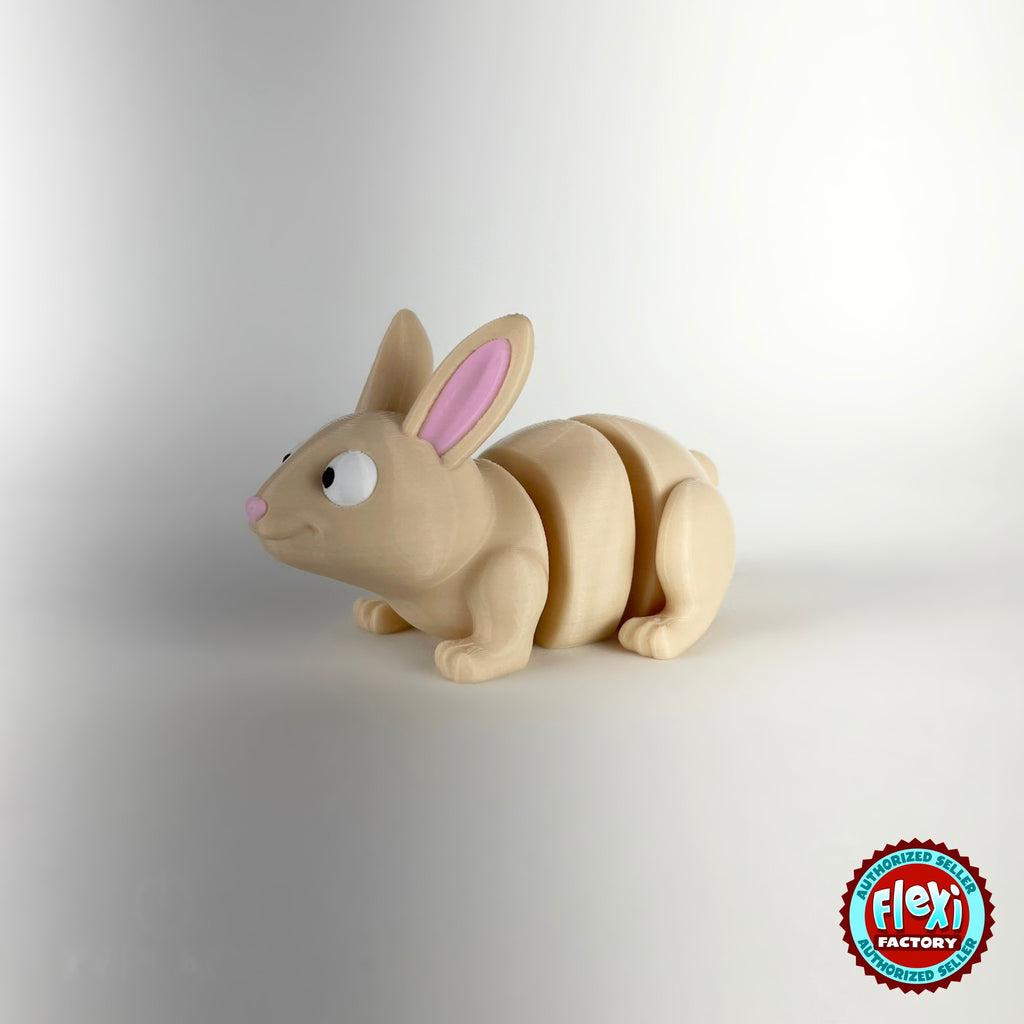 Cute bunny rabbit keychain, 3D printed by RU3D – three quarter view facing left. Cream with pink ears and orange carrots.