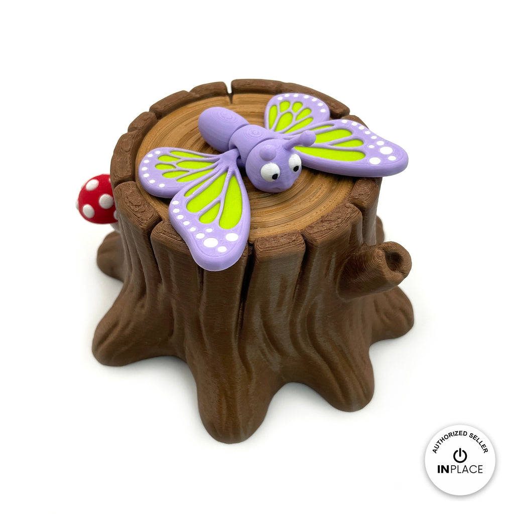 3D printed tree stump box platform by RU3D, shown with the Butterfly keychain