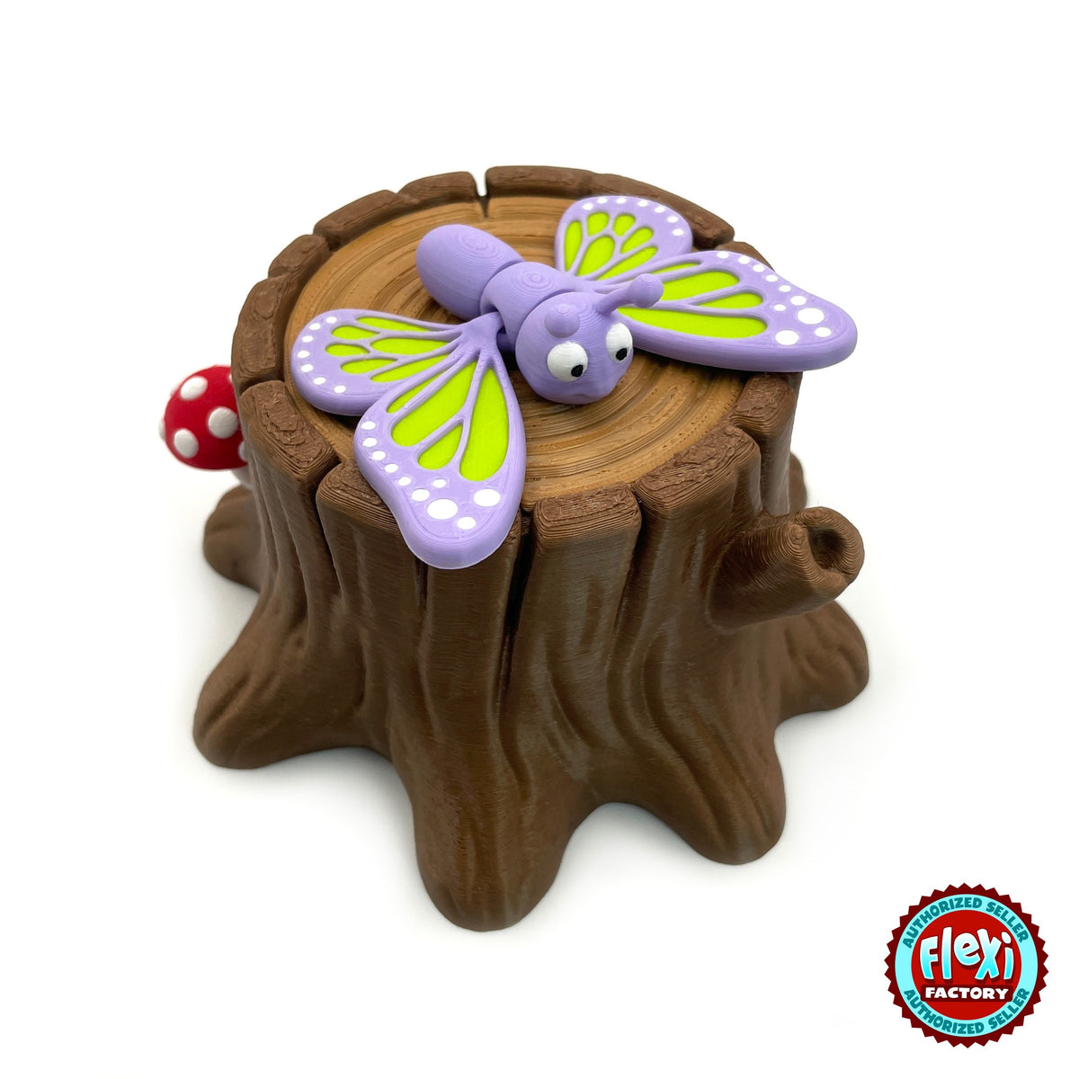 Cute butterfly keychain, 3D printed by RU3D – on tree stump box. Purple and lime green with tree stump box.