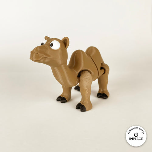 Cute camel keychain, 3D printed by RU3D – three quarter view facing left. Tan brown with black hooves.