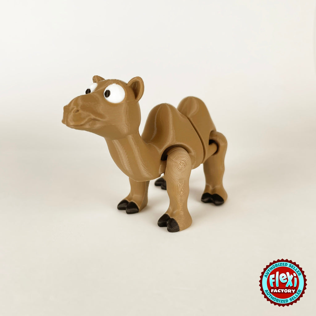 Cute camel keychain, 3D printed by RU3D – three quarter view facing left. Tan brown with black hooves.