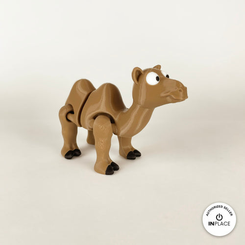 Cute camel keychain, 3D printed by RU3D – three quarter view facing right. Tan brown with black hooves.