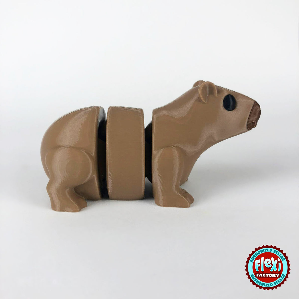 Cute capybara keychain, 3D printed by RU3D – dark eyes side view facing right. Light brown.