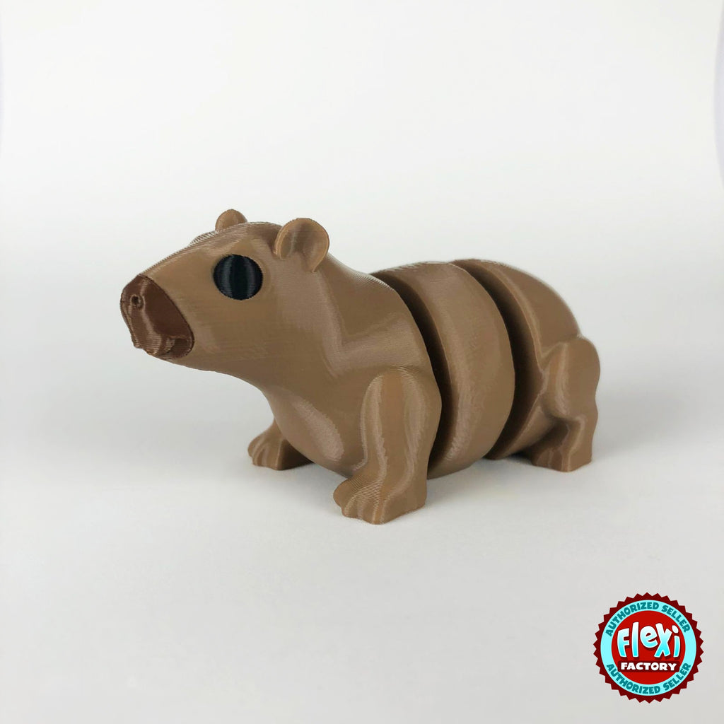 Cute capybara keychain, 3D printed by RU3D – dark eyes three quarter view facing left. Light brown.