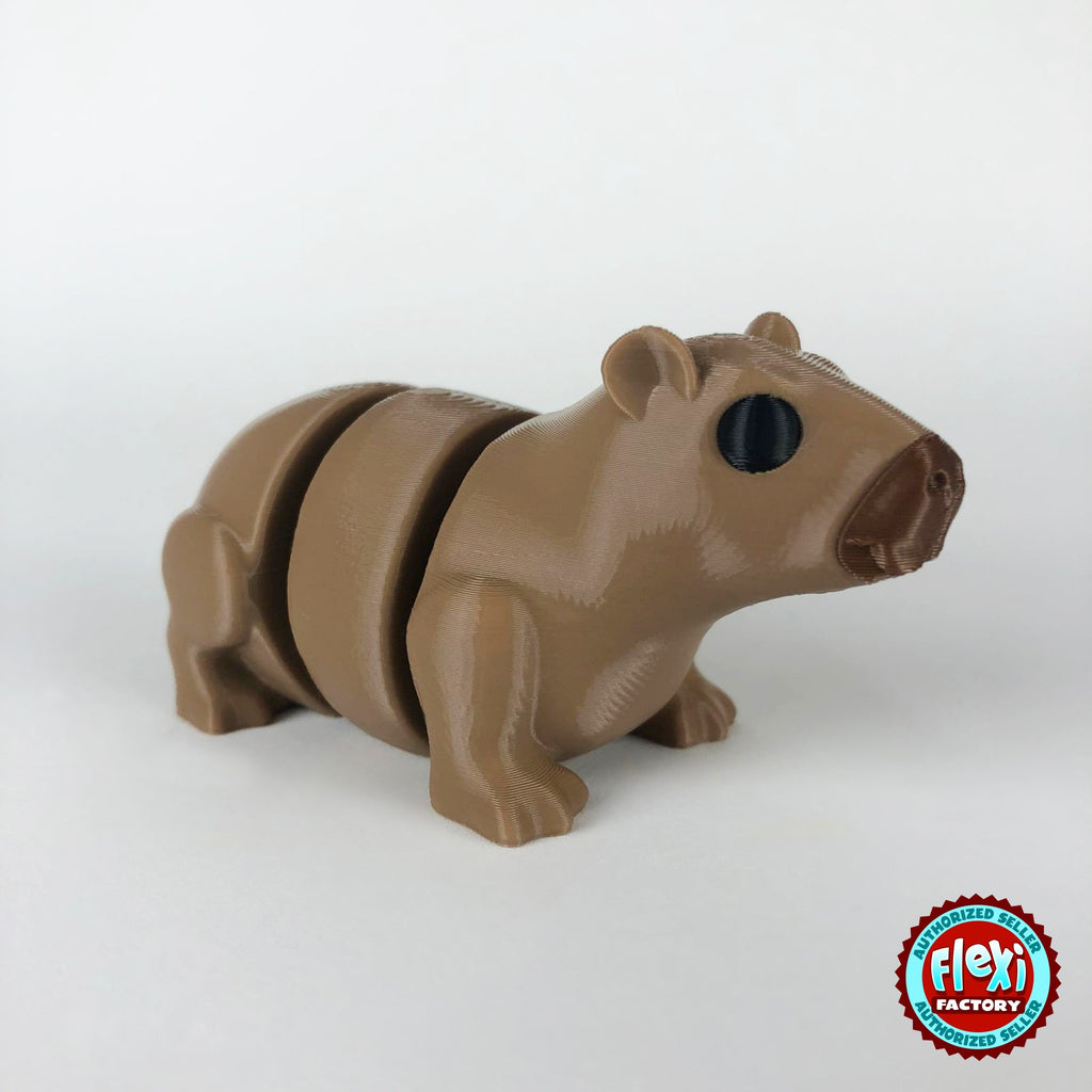 Cute capybara keychain, 3D printed by RU3D – dark eyes three quarter view facing right. Light brown.