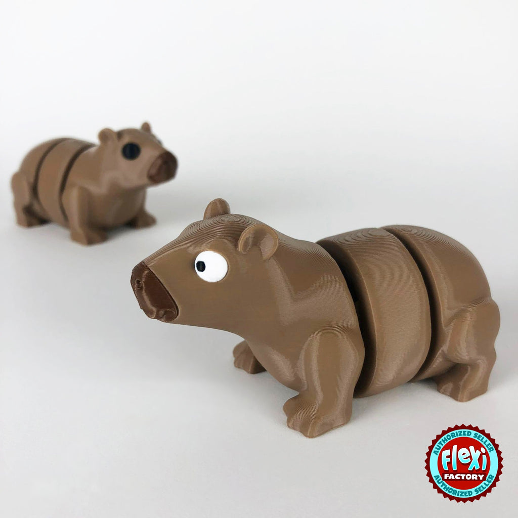 Cute capybara keychain, 3D printed by RU3D – pair of capybaras facing left. Light brown.