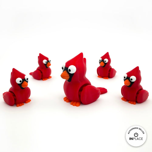 Cute cardinal bird keychain, 3D printed by RU3D – group of cardinals. Bright red with orange beak.