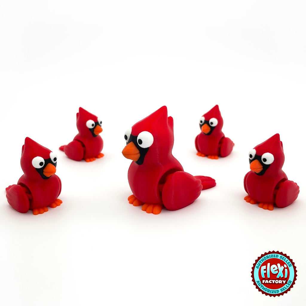 Cute cardinal bird keychain, 3D printed by RU3D – group of cardinals. Bright red with orange beak.