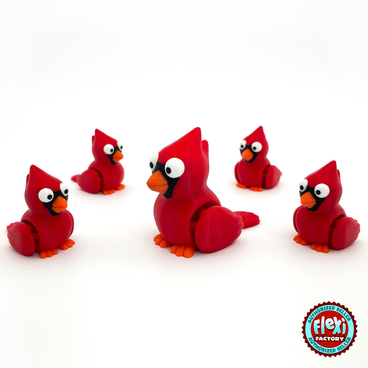 Cute cardinal bird keychain, 3D printed by RU3D – group of cardinals. Bright red with orange beak.