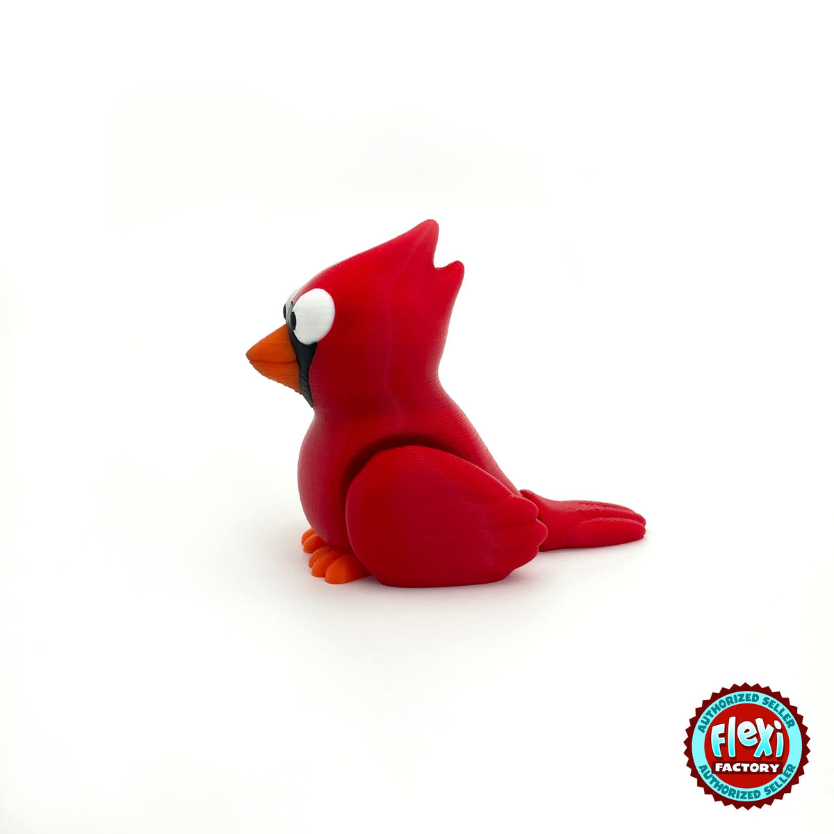 Cute cardinal bird keychain, 3D printed by RU3D – side view facing left. Bright red with orange beak.