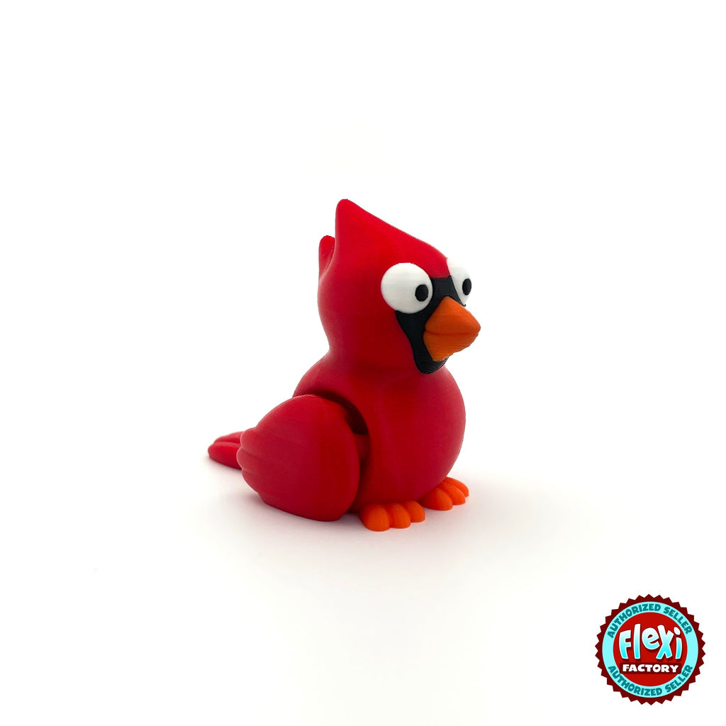 Cute cardinal bird keychain, 3D printed by RU3D – three quarter view facing right. Bright red with orange beak.