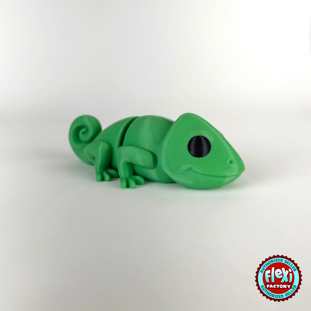 Cute chameleon keychain, 3D printed by RU3D – dark eyes side view facing right. Bright green.
