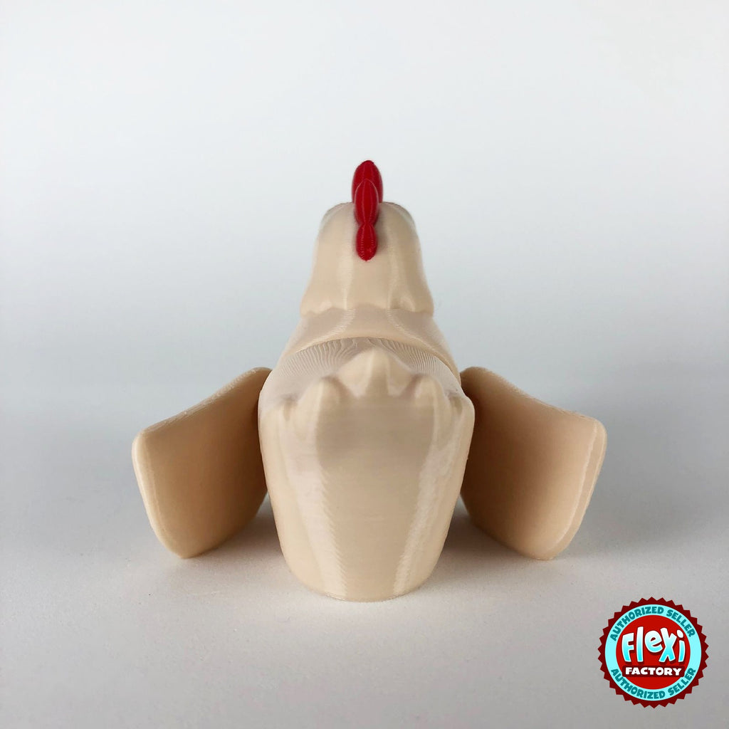 Cute chicken keychain, 3D printed by RU3D – cream hen rear view wings out. White hen with red comb and orange beak, also in cream.
