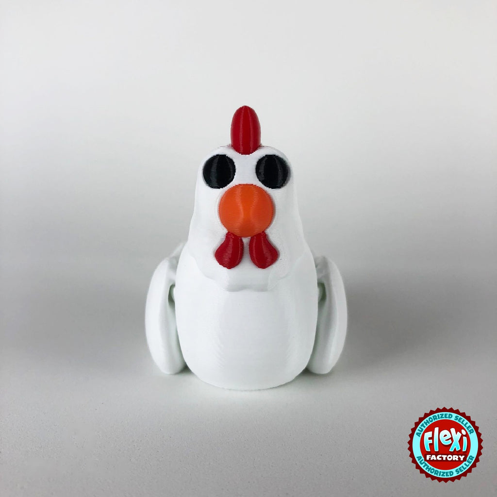Cute chicken keychain, 3D printed by RU3D – white hen dark eyes front view. White hen with red comb and orange beak, also in cream.