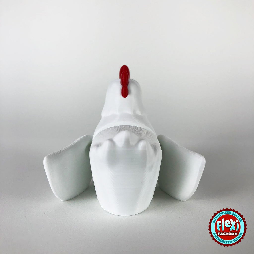 Cute chicken keychain, 3D printed by RU3D – white hen dark eyes rear view wings out. White hen with red comb and orange beak, also in cream.