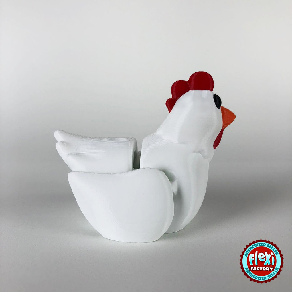 Cute chicken keychain, 3D printed by RU3D – white hen dark eyes side view. White hen with red comb and orange beak, also in cream.