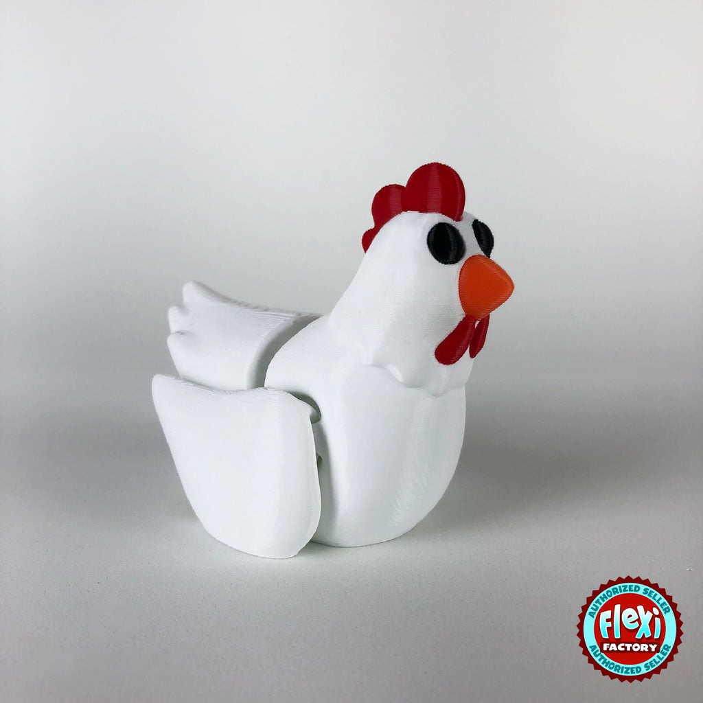 Cute chicken keychain, 3D printed by RU3D – white hen dark eyes three quarter view. White hen with red comb and orange beak, also in cream.