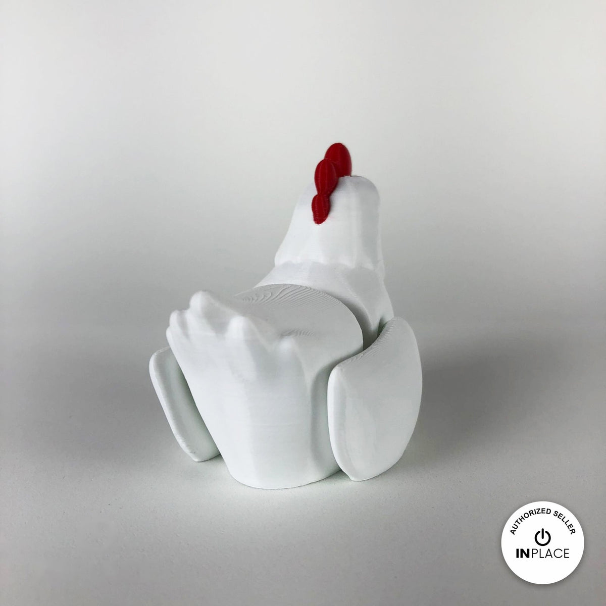 Cute chicken keychain, 3D printed by RU3D – white hen rear view. White hen with red comb and orange beak, also in cream.