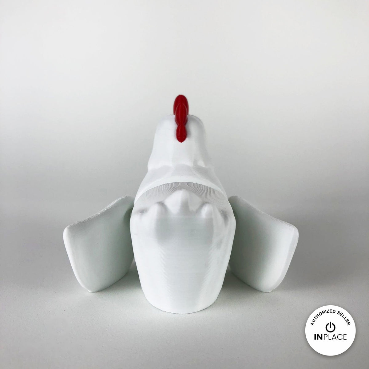 Cute chicken keychain, 3D printed by RU3D – white hen rear view wings out. White hen with red comb and orange beak, also in cream.
