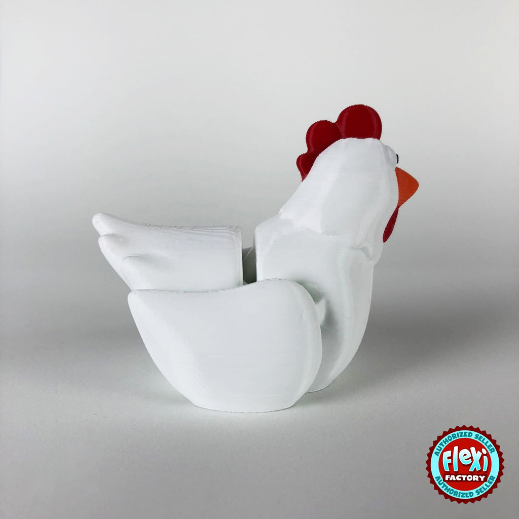 Cute chicken keychain, 3D printed by RU3D – white hen side view facing right. White hen with red comb and orange beak, also in cream.