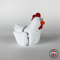 Cute chicken keychain, 3D printed by RU3D – white hen three quarter view facing right. White hen with red comb and orange beak, also in cream.
